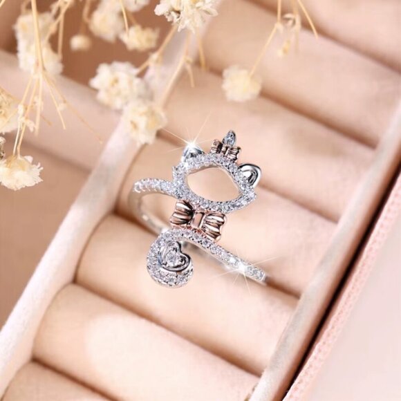 NEW 14k White Gold Cat Diamond Ring White & Pink Cat Ring Band - Picture 3 of 5